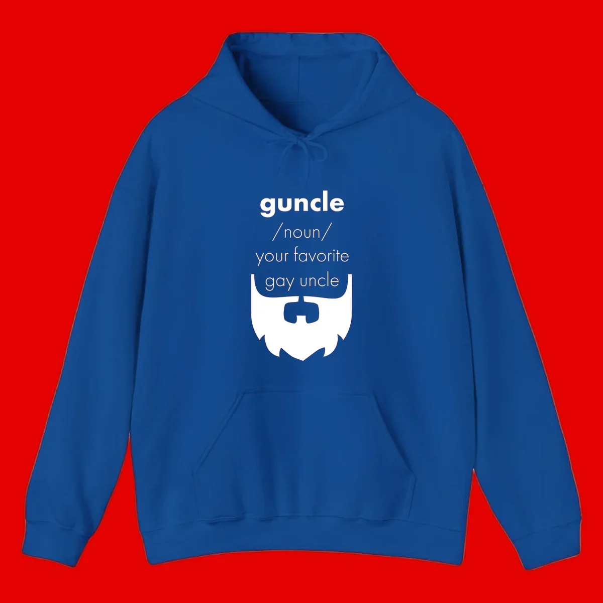 Guncle definition design: white bearded shield badge on gray background with text defining guncle as your favorite gay uncle