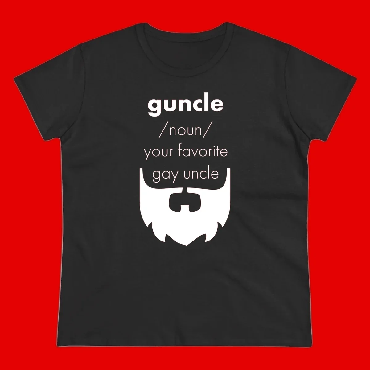 Guncle definition design: white bearded shield badge on gray background with text defining guncle as your favorite gay uncle