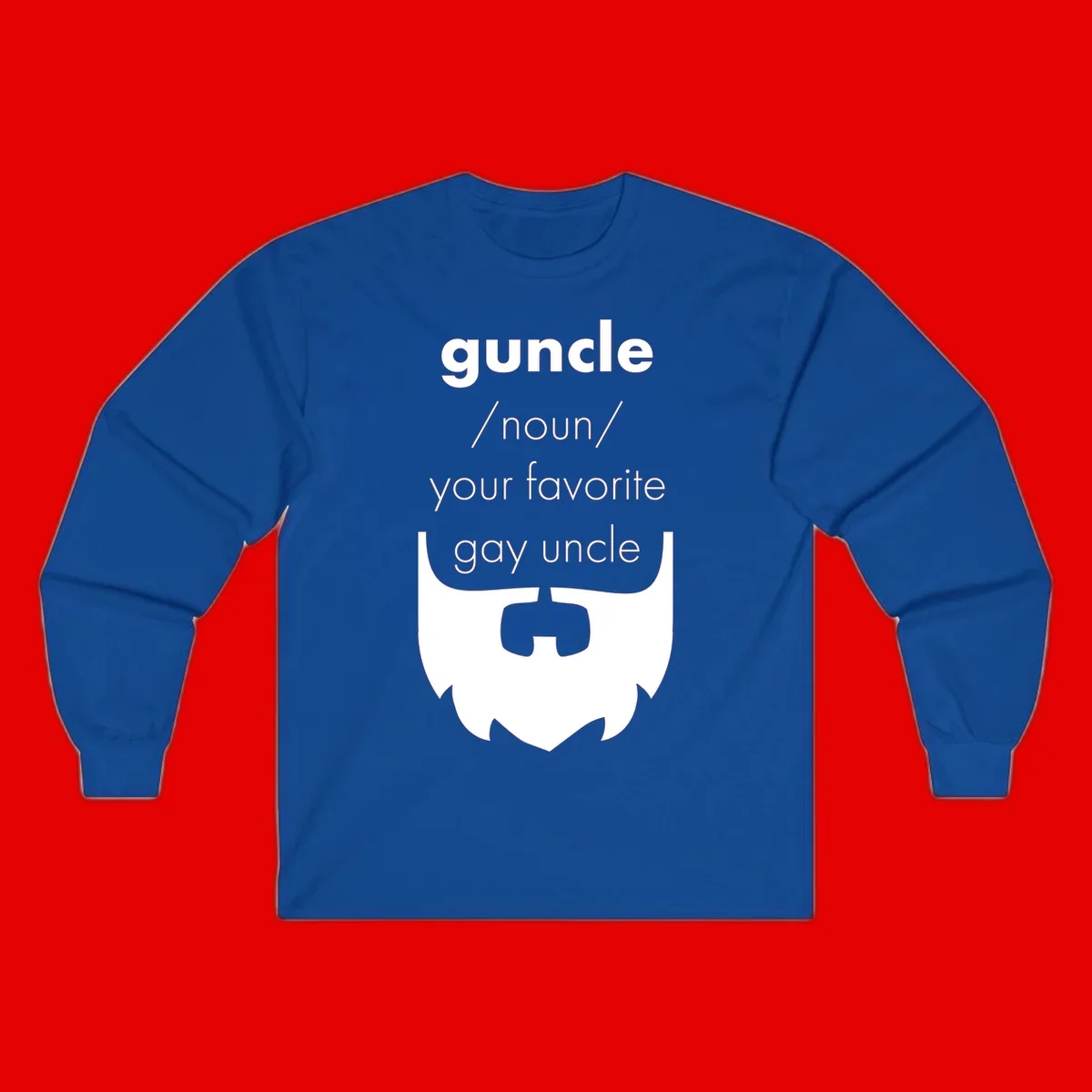 Guncle definition design: white bearded shield badge on gray background with text defining guncle as your favorite gay uncle