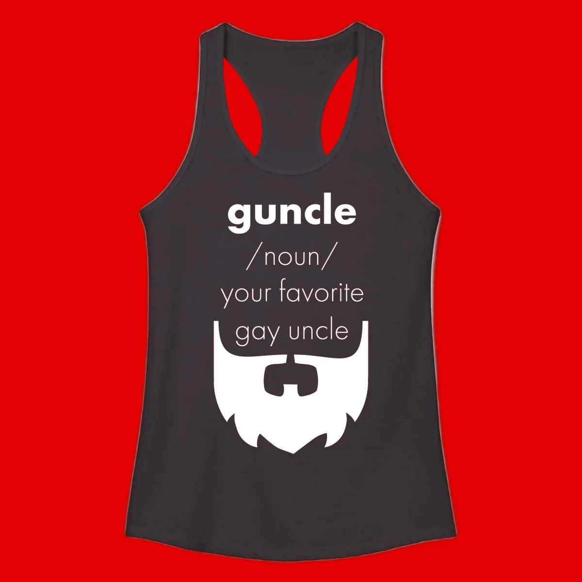 Guncle definition design: white bearded shield badge on gray background with text defining guncle as your favorite gay uncle