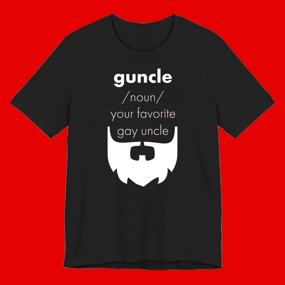Guncle definition design: white bearded shield badge on gray background with text defining guncle as your favorite gay uncle