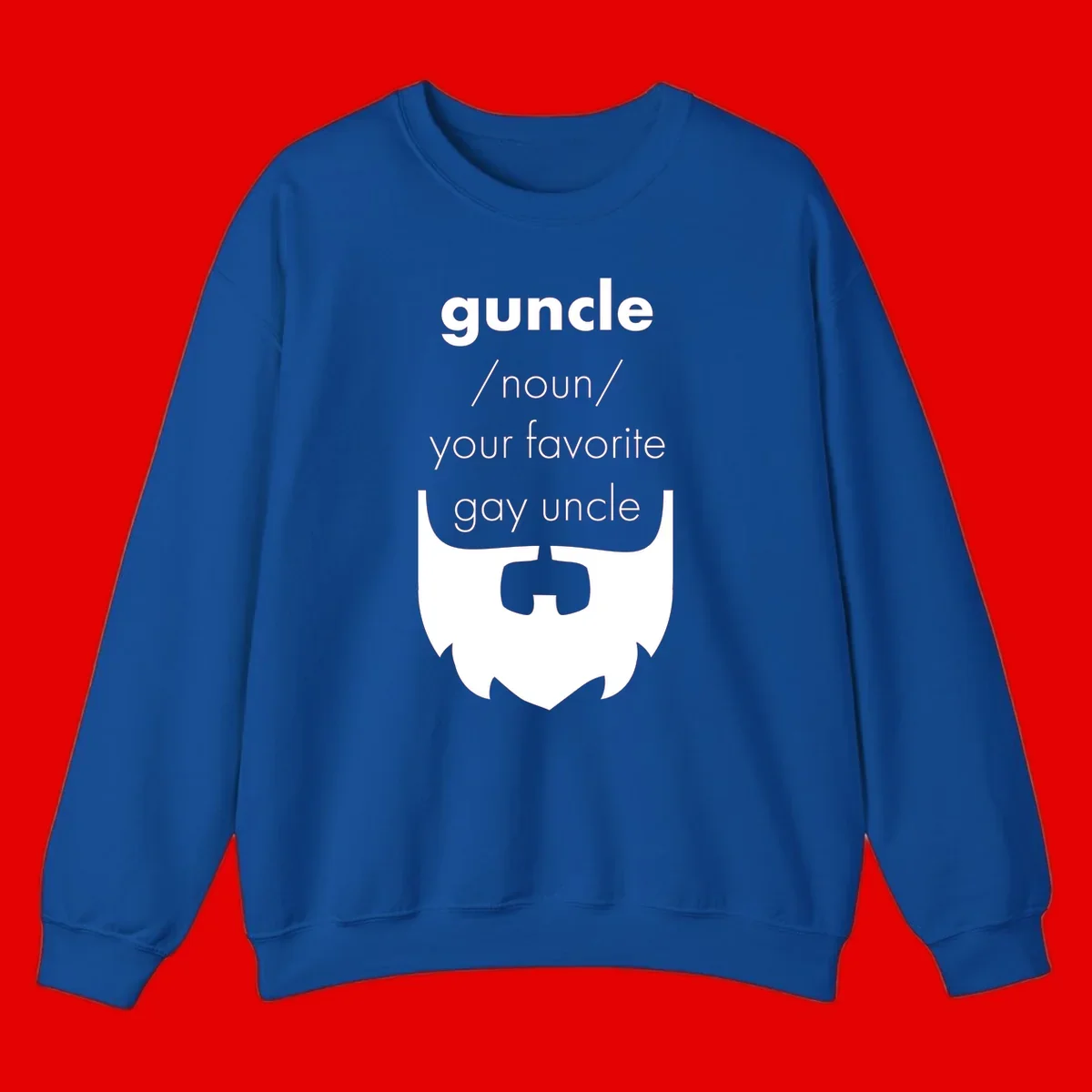 Guncle definition design: white bearded shield badge on gray background with text defining guncle as your favorite gay uncle