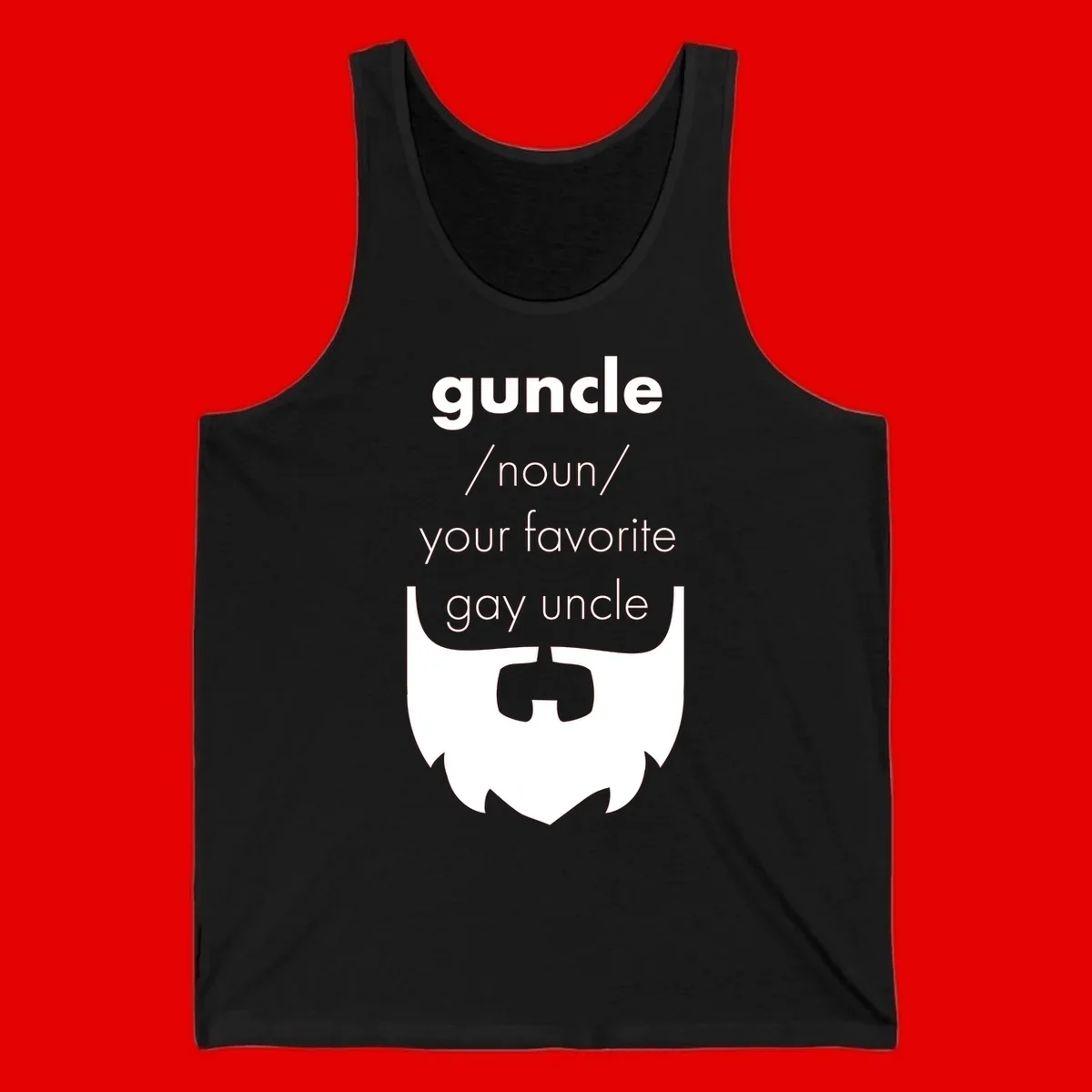 Guncle definition design: white bearded shield badge on gray background with text defining guncle as your favorite gay uncle