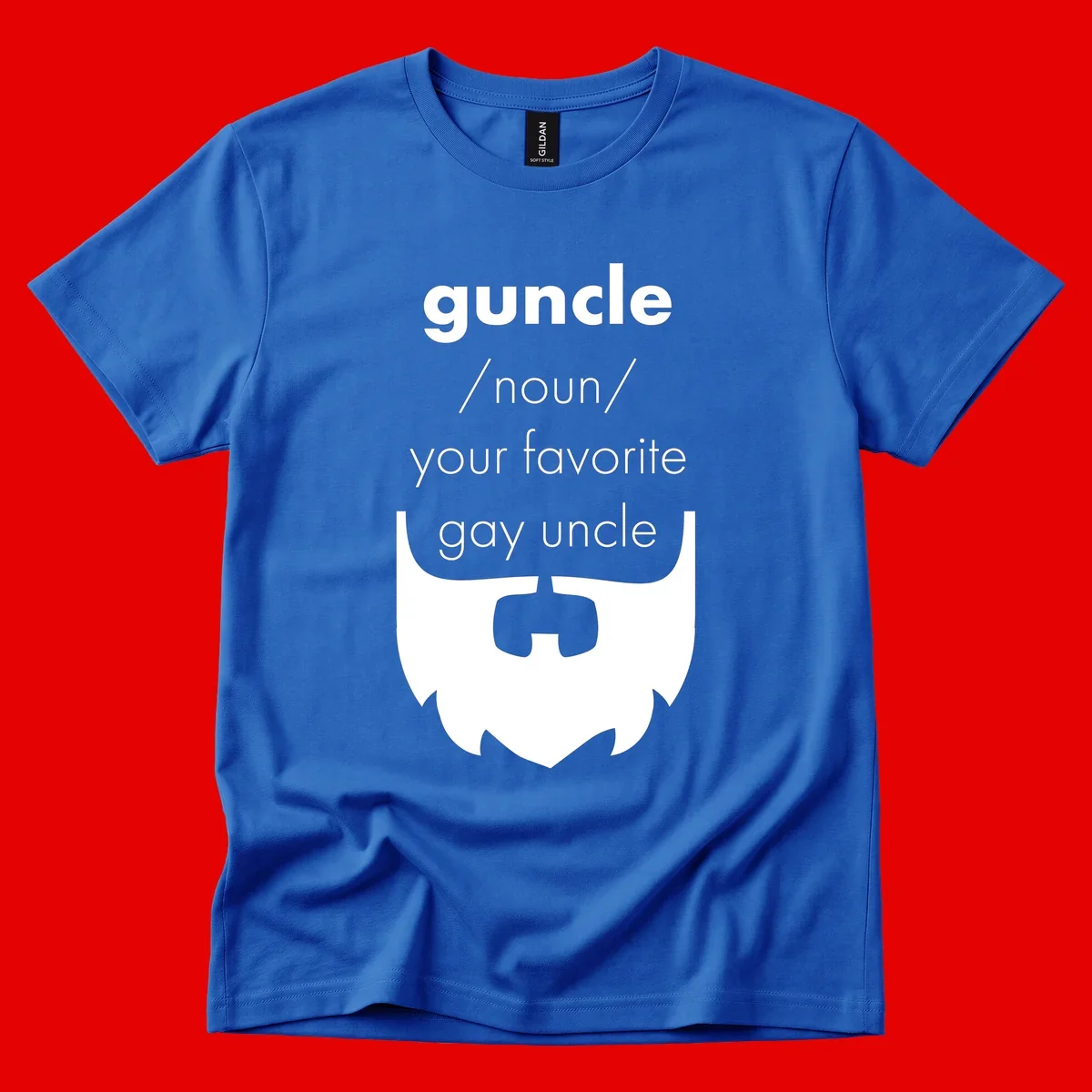 Guncle definition design: white bearded shield badge on gray background with text defining guncle as your favorite gay uncle