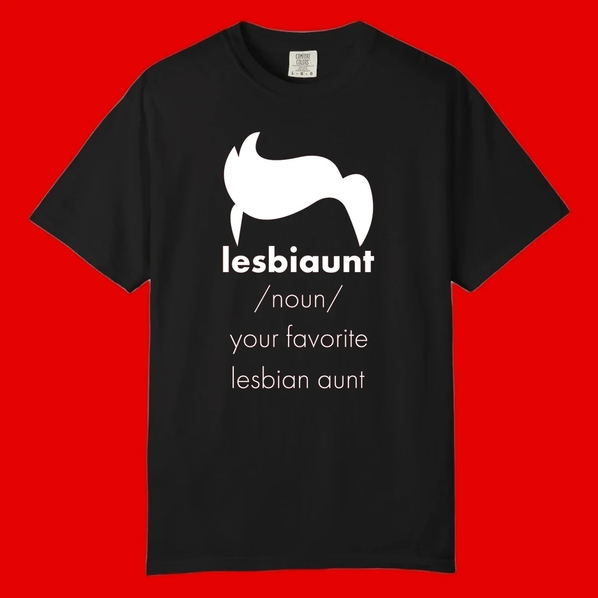 Lesbiaunt design featuring stylized hair silhouette with definition text celebrating lesbian aunts