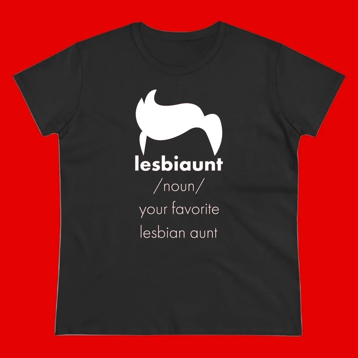 Lesbiaunt design featuring stylized hair silhouette with definition text celebrating lesbian aunts