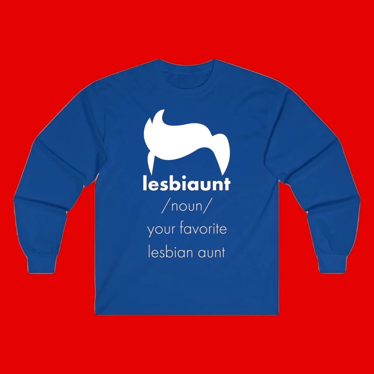 Lesbiaunt design featuring stylized hair silhouette with definition text celebrating lesbian aunts