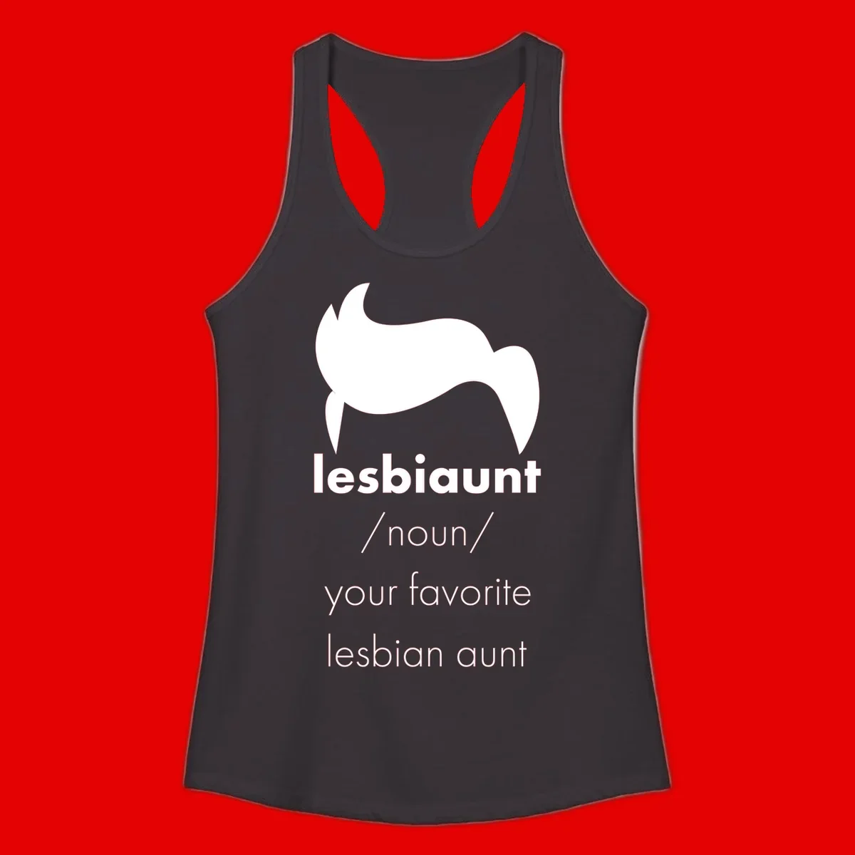 Lesbiaunt design featuring stylized hair silhouette with definition text celebrating lesbian aunts