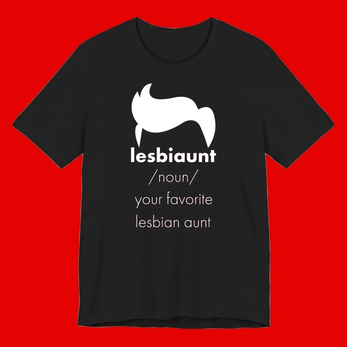 Lesbiaunt design featuring stylized hair silhouette with definition text celebrating lesbian aunts
