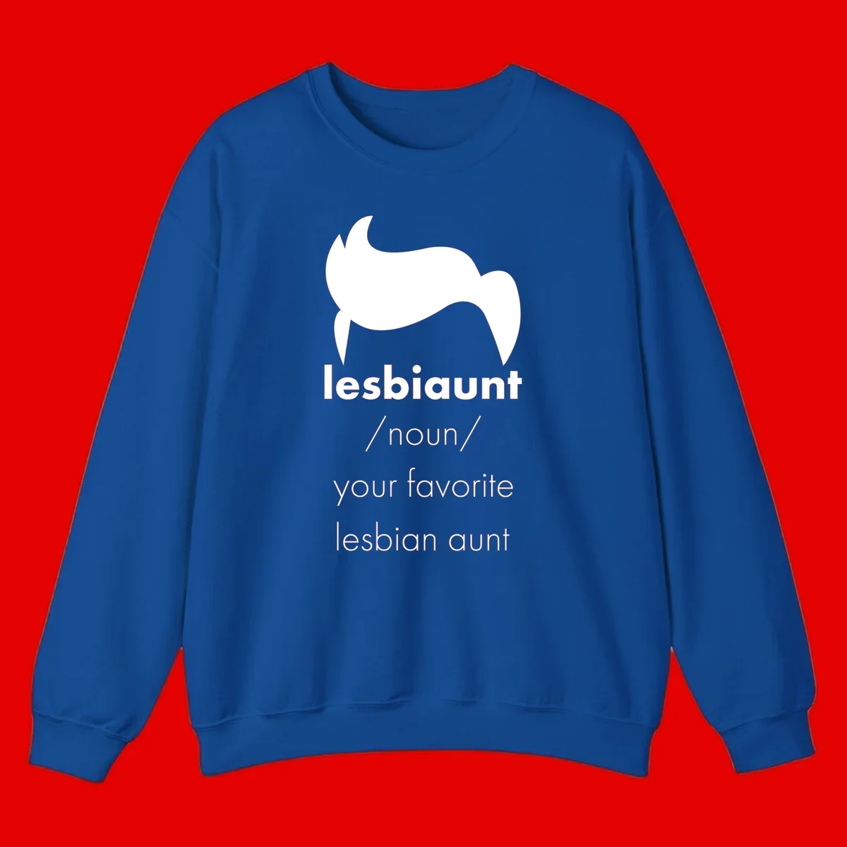 Lesbiaunt design featuring stylized hair silhouette with definition text celebrating lesbian aunts