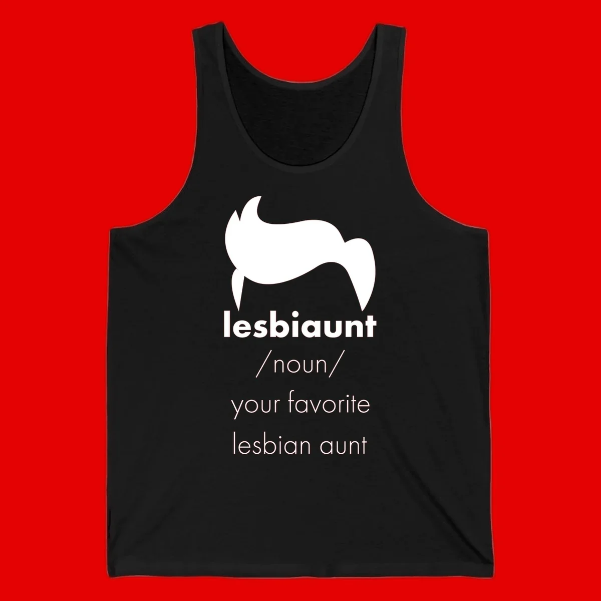 Lesbiaunt design featuring stylized hair silhouette with definition text celebrating lesbian aunts
