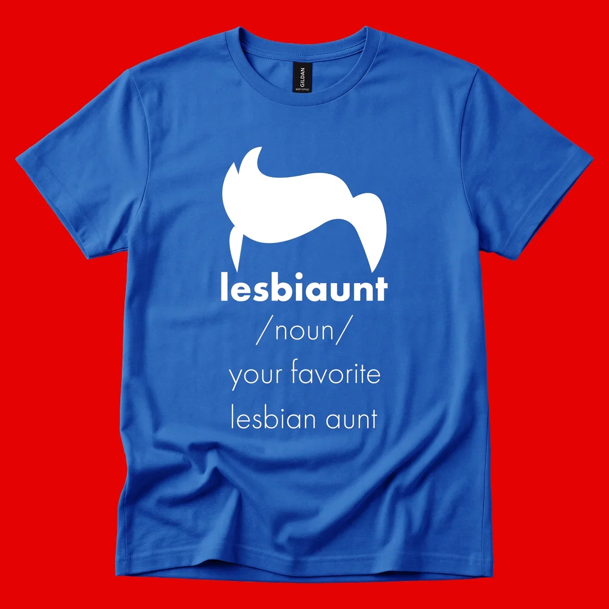 Lesbiaunt design featuring stylized hair silhouette with definition text celebrating lesbian aunts