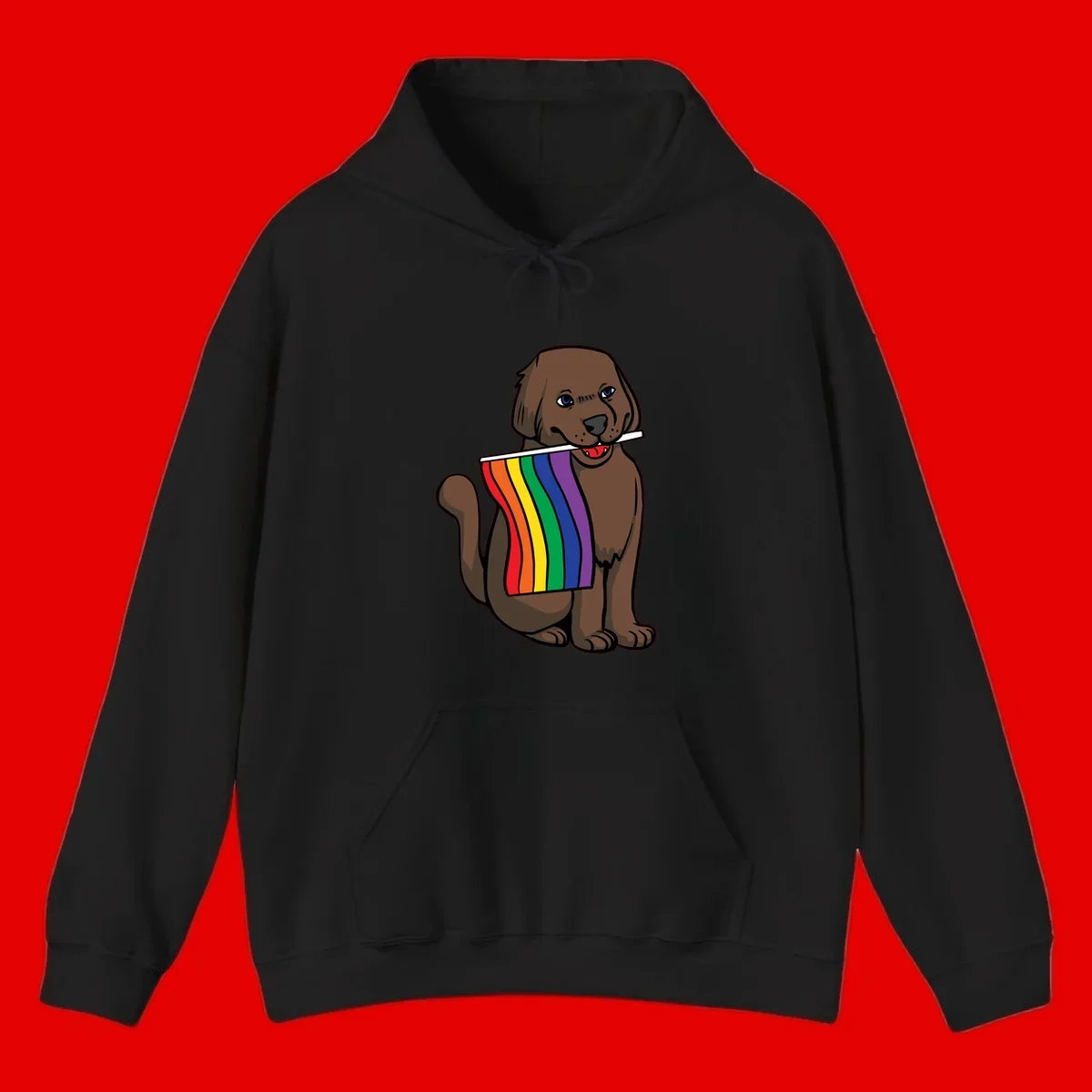 Brown dog holding rainbow pride flag with happy expression and blue eyes