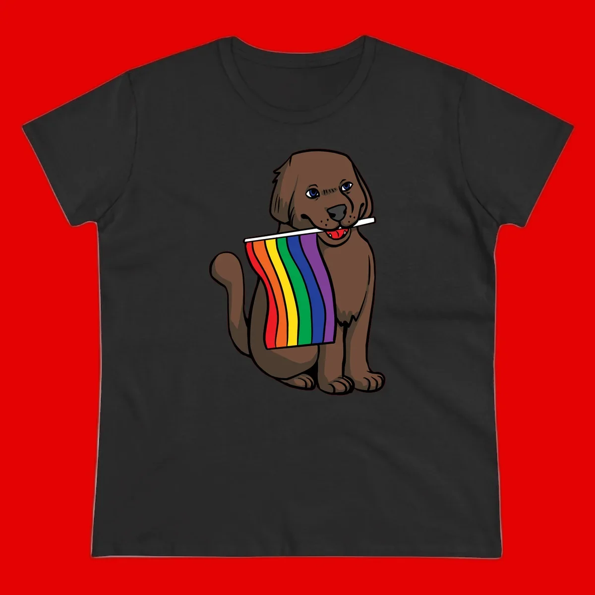 Brown dog holding rainbow pride flag with happy expression and blue eyes