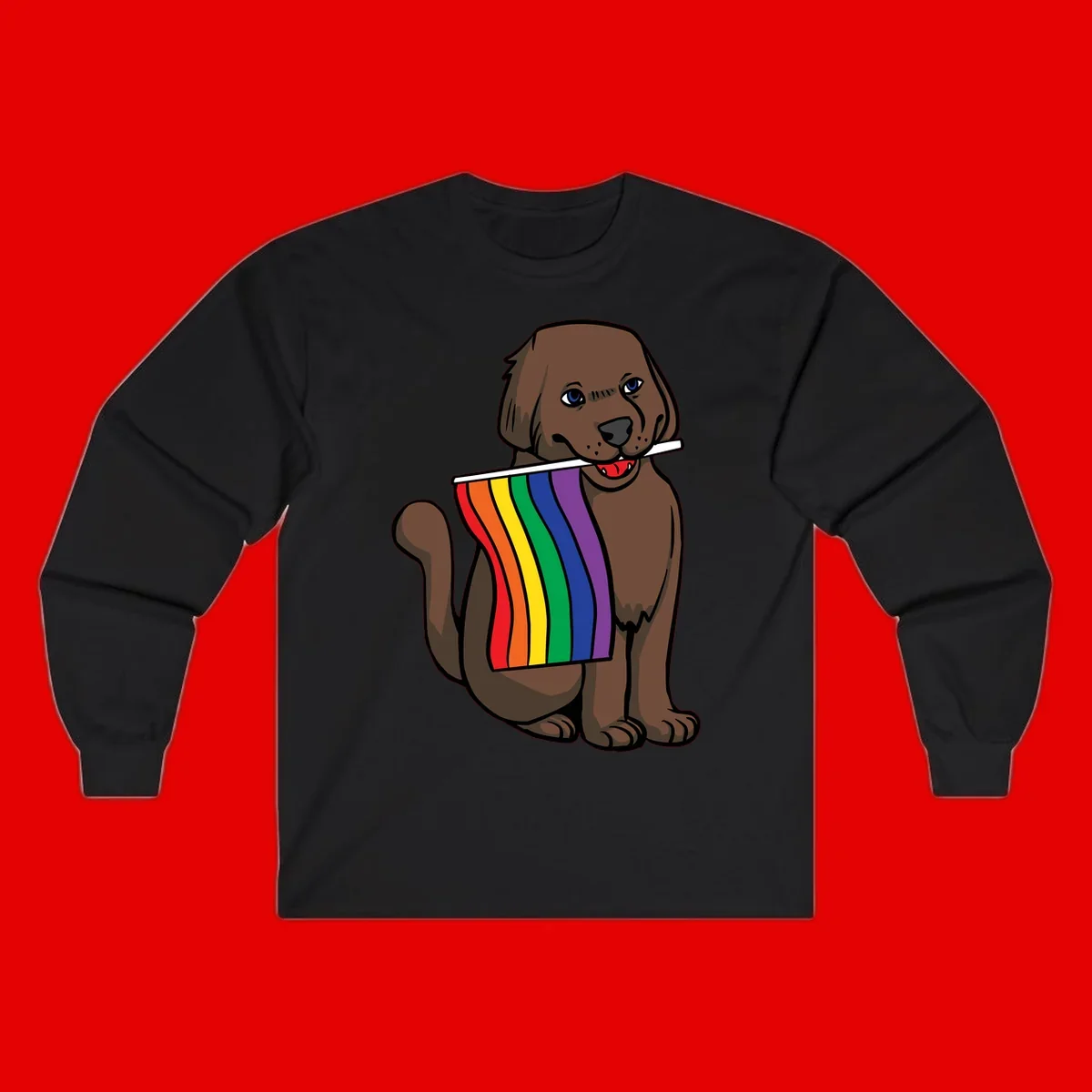 Brown dog holding rainbow pride flag with happy expression and blue eyes
