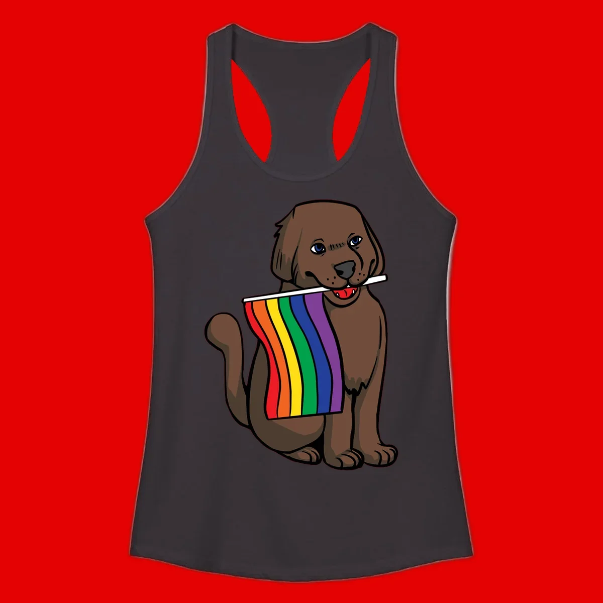 Brown dog holding rainbow pride flag with happy expression and blue eyes