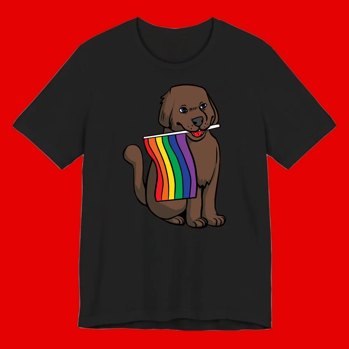 Brown dog holding rainbow pride flag with happy expression and blue eyes