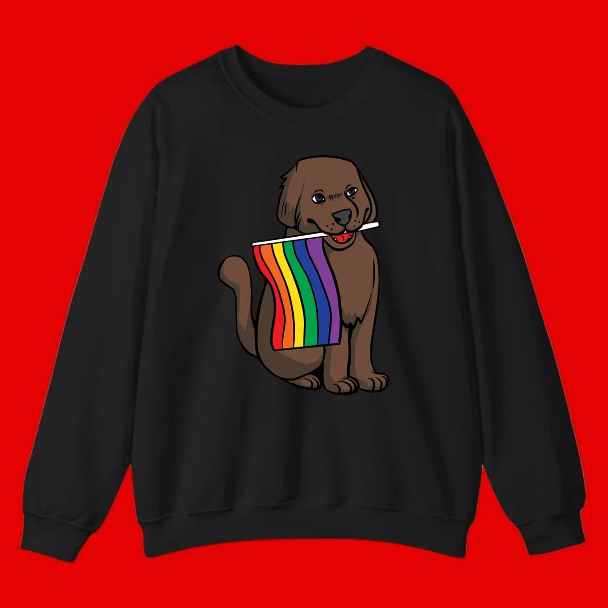 Brown dog holding rainbow pride flag with happy expression and blue eyes