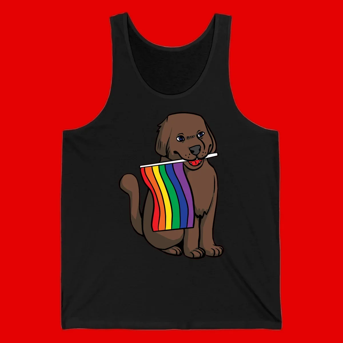 Brown dog holding rainbow pride flag with happy expression and blue eyes