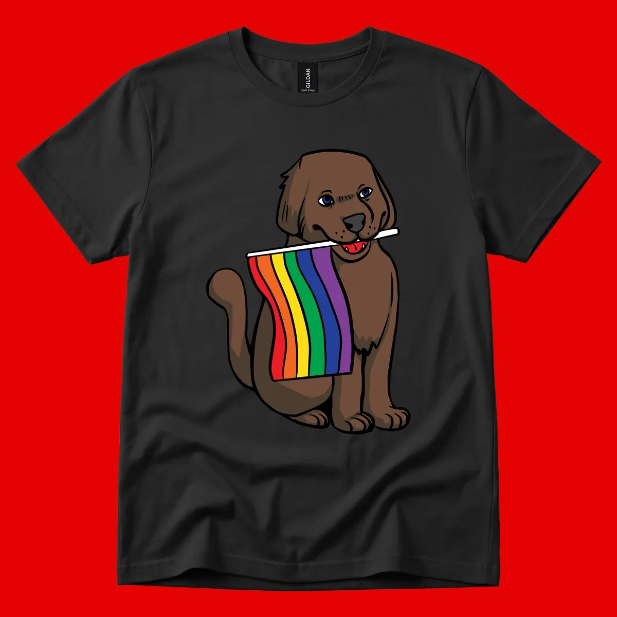 Brown dog holding rainbow pride flag with happy expression and blue eyes