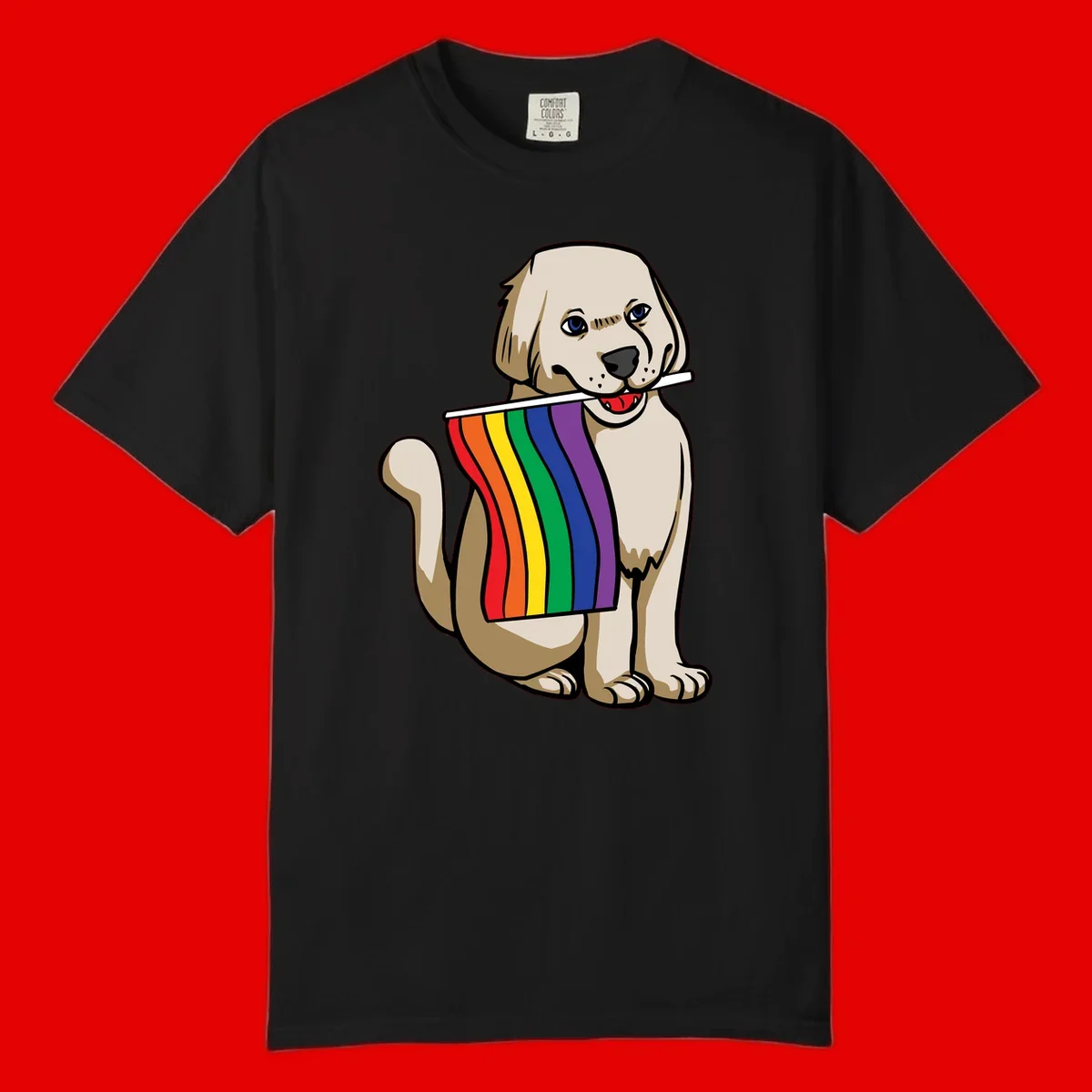 Illustration of a happy cream and tan dog holding a colorful rainbow pride flag in its mouth against a gray background