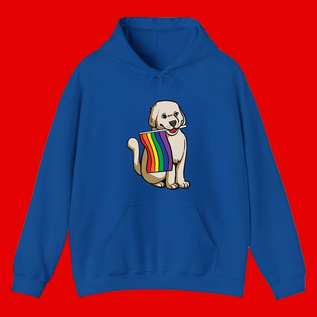 Illustration of a happy cream and tan dog holding a colorful rainbow pride flag in its mouth against a gray background