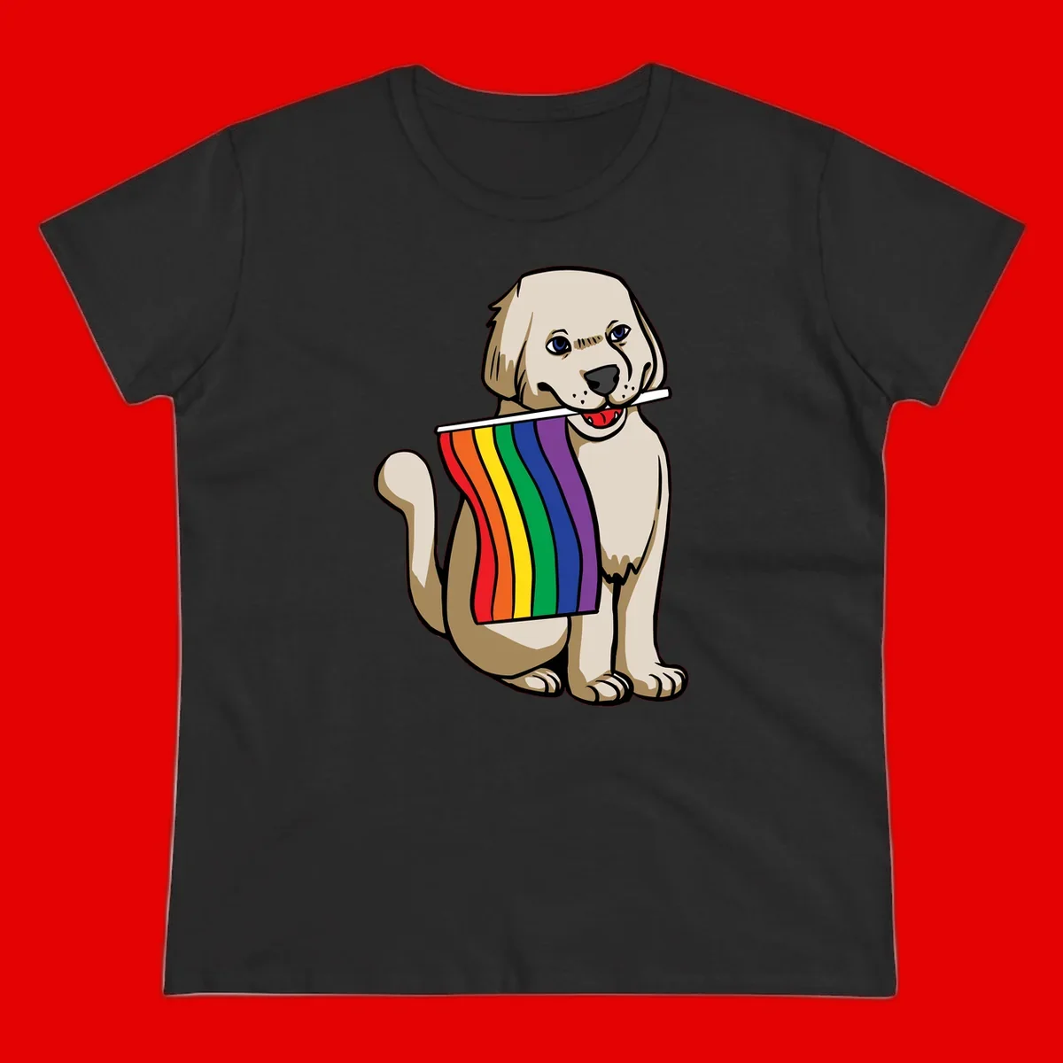 Illustration of a happy cream and tan dog holding a colorful rainbow pride flag in its mouth against a gray background