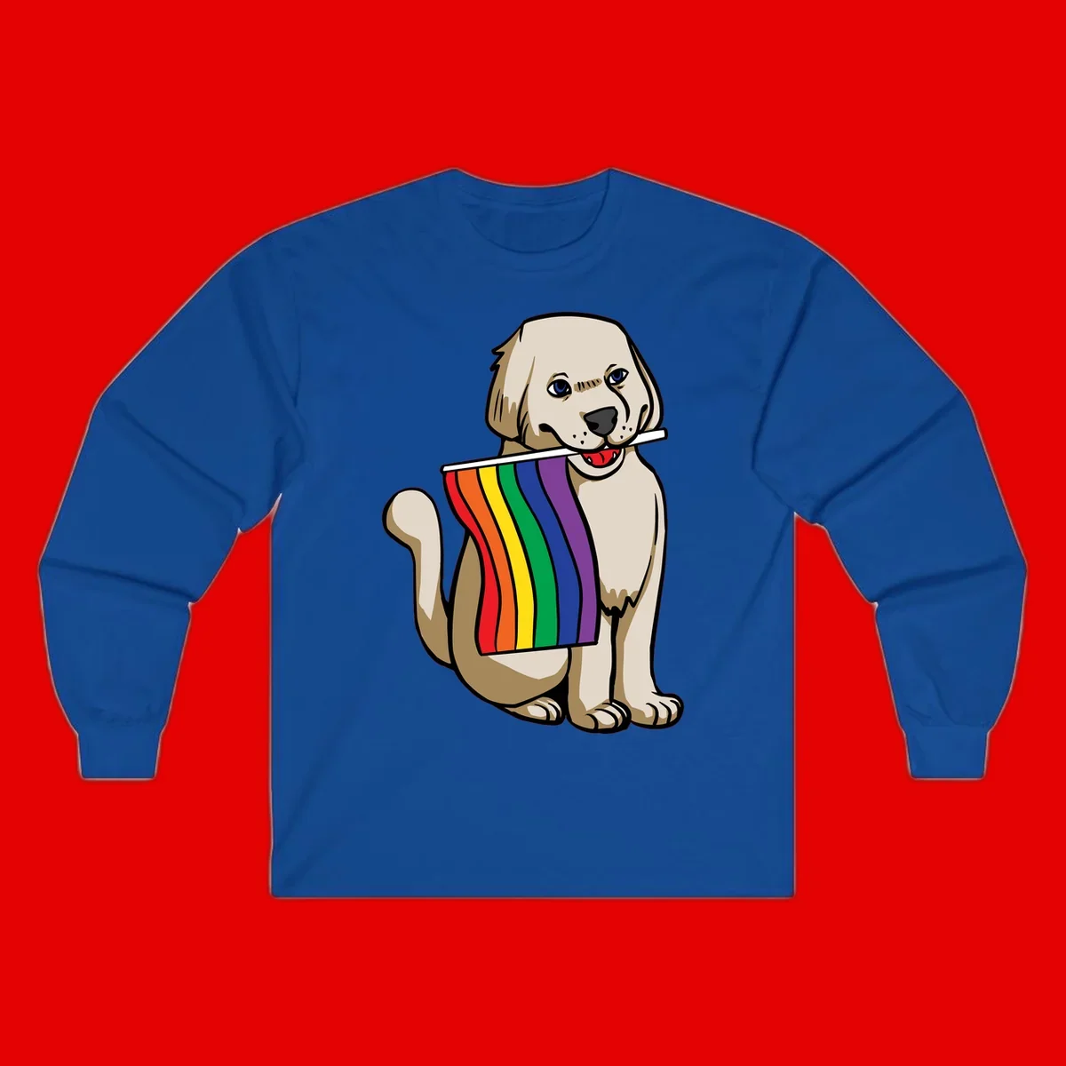 Illustration of a happy cream and tan dog holding a colorful rainbow pride flag in its mouth against a gray background