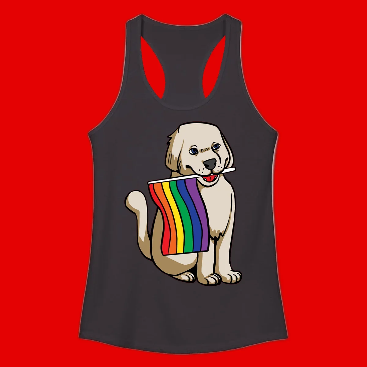 Illustration of a happy cream and tan dog holding a colorful rainbow pride flag in its mouth against a gray background