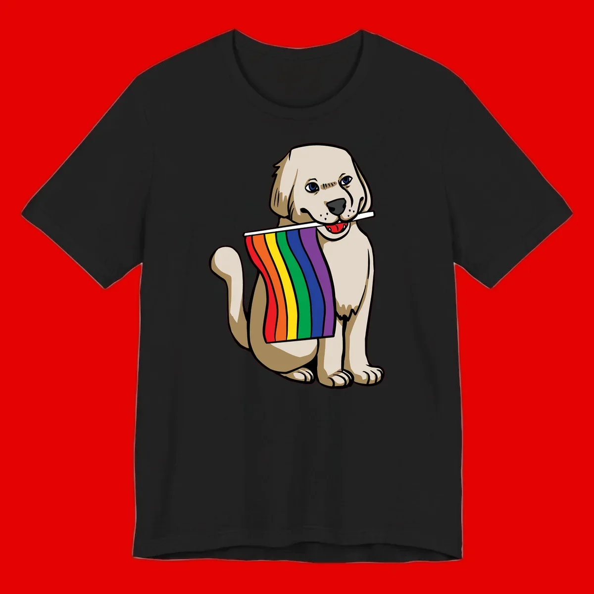 Illustration of a happy cream and tan dog holding a colorful rainbow pride flag in its mouth against a gray background