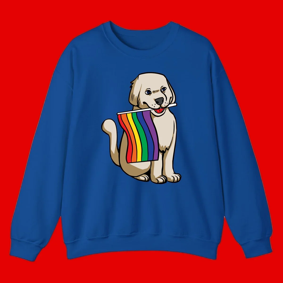 Illustration of a happy cream and tan dog holding a colorful rainbow pride flag in its mouth against a gray background