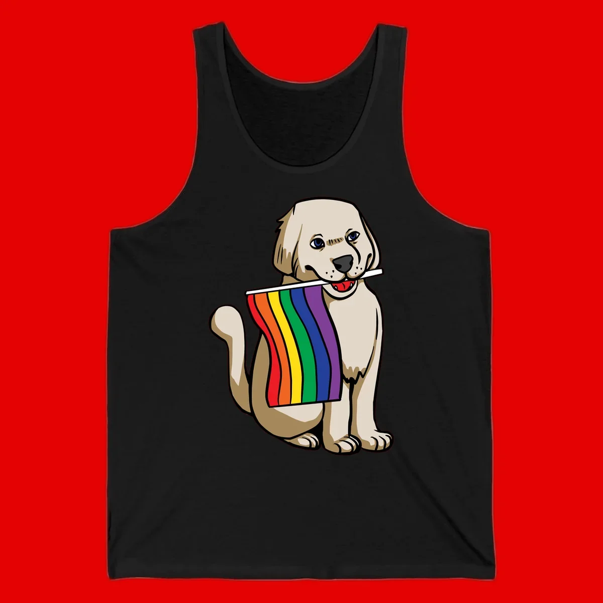 Illustration of a happy cream and tan dog holding a colorful rainbow pride flag in its mouth against a gray background