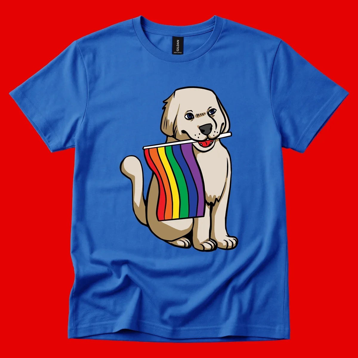 Illustration of a happy cream and tan dog holding a colorful rainbow pride flag in its mouth against a gray background