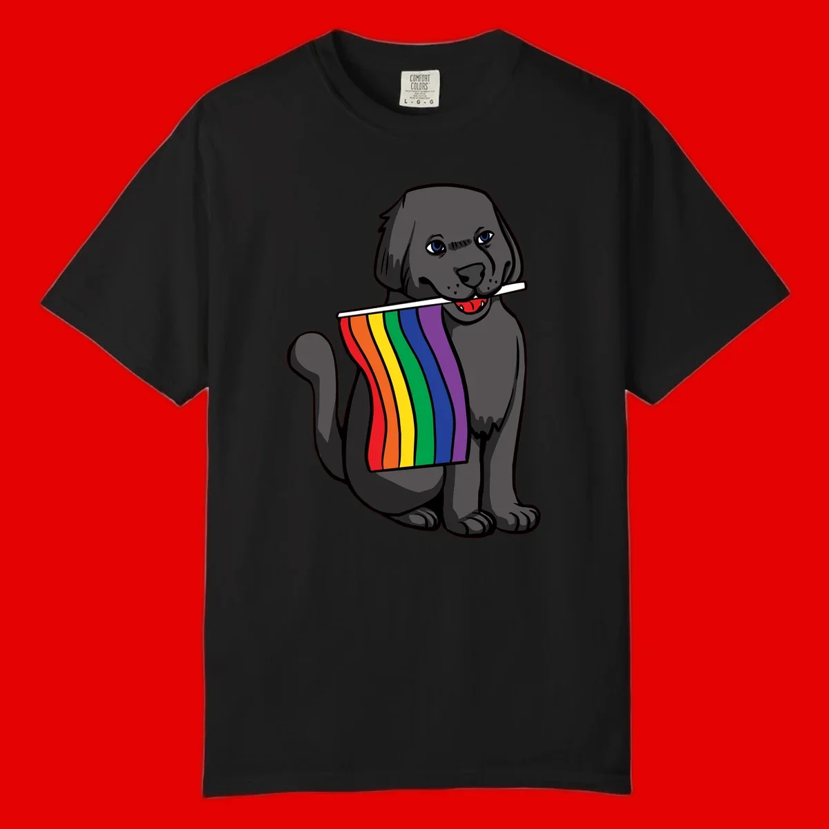 Illustration of a happy gray dog with blue eyes holding a rainbow pride flag in its mouth against a gray background