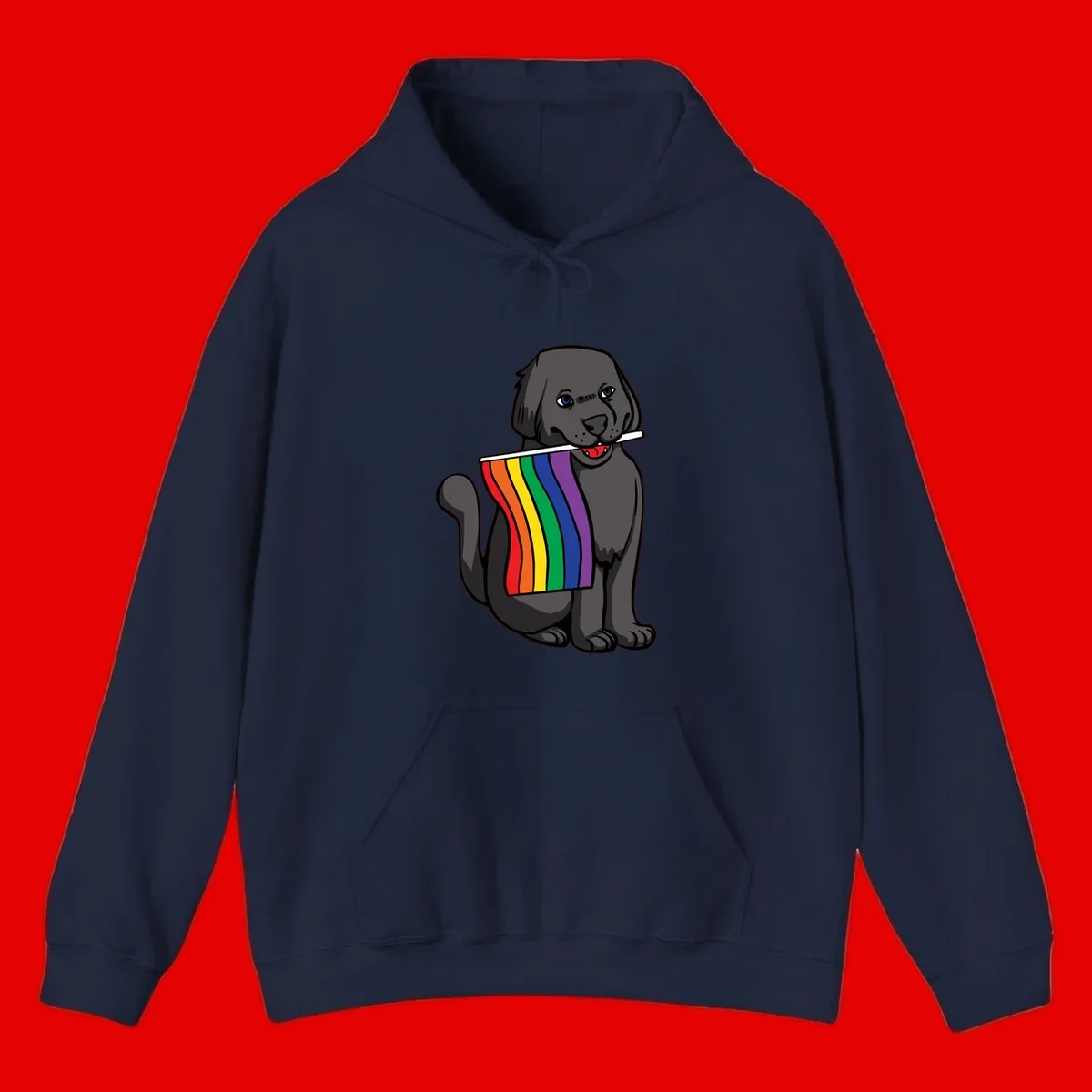Illustration of a happy gray dog with blue eyes holding a rainbow pride flag in its mouth against a gray background