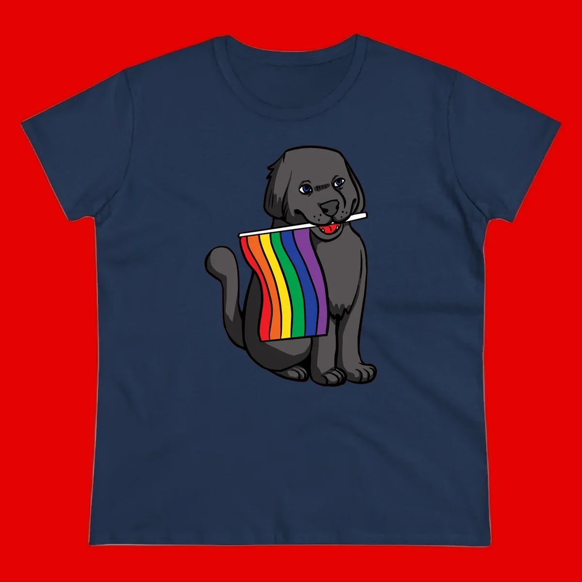 Illustration of a happy gray dog with blue eyes holding a rainbow pride flag in its mouth against a gray background