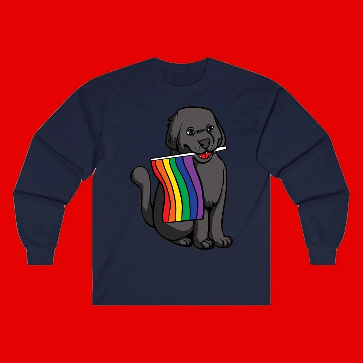 Illustration of a happy gray dog with blue eyes holding a rainbow pride flag in its mouth against a gray background