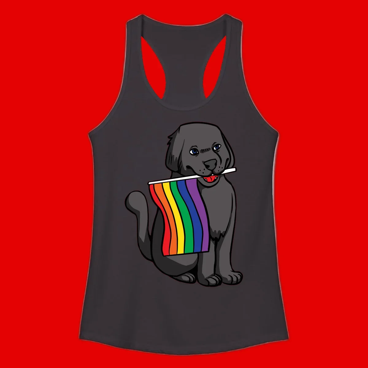 Illustration of a happy gray dog with blue eyes holding a rainbow pride flag in its mouth against a gray background