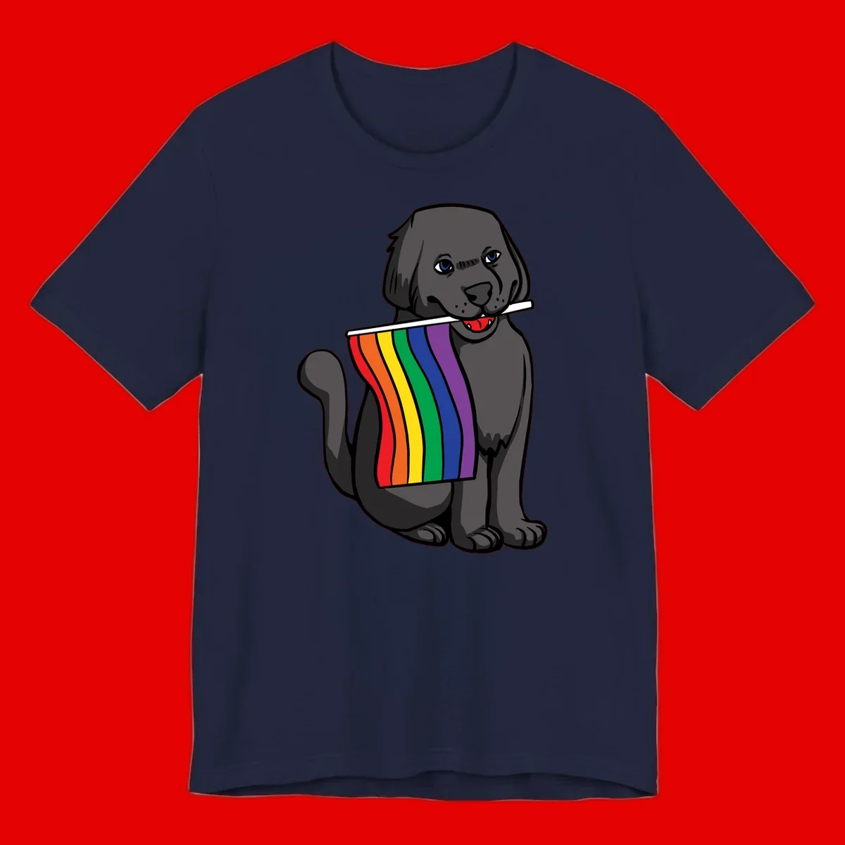 Illustration of a happy gray dog with blue eyes holding a rainbow pride flag in its mouth against a gray background