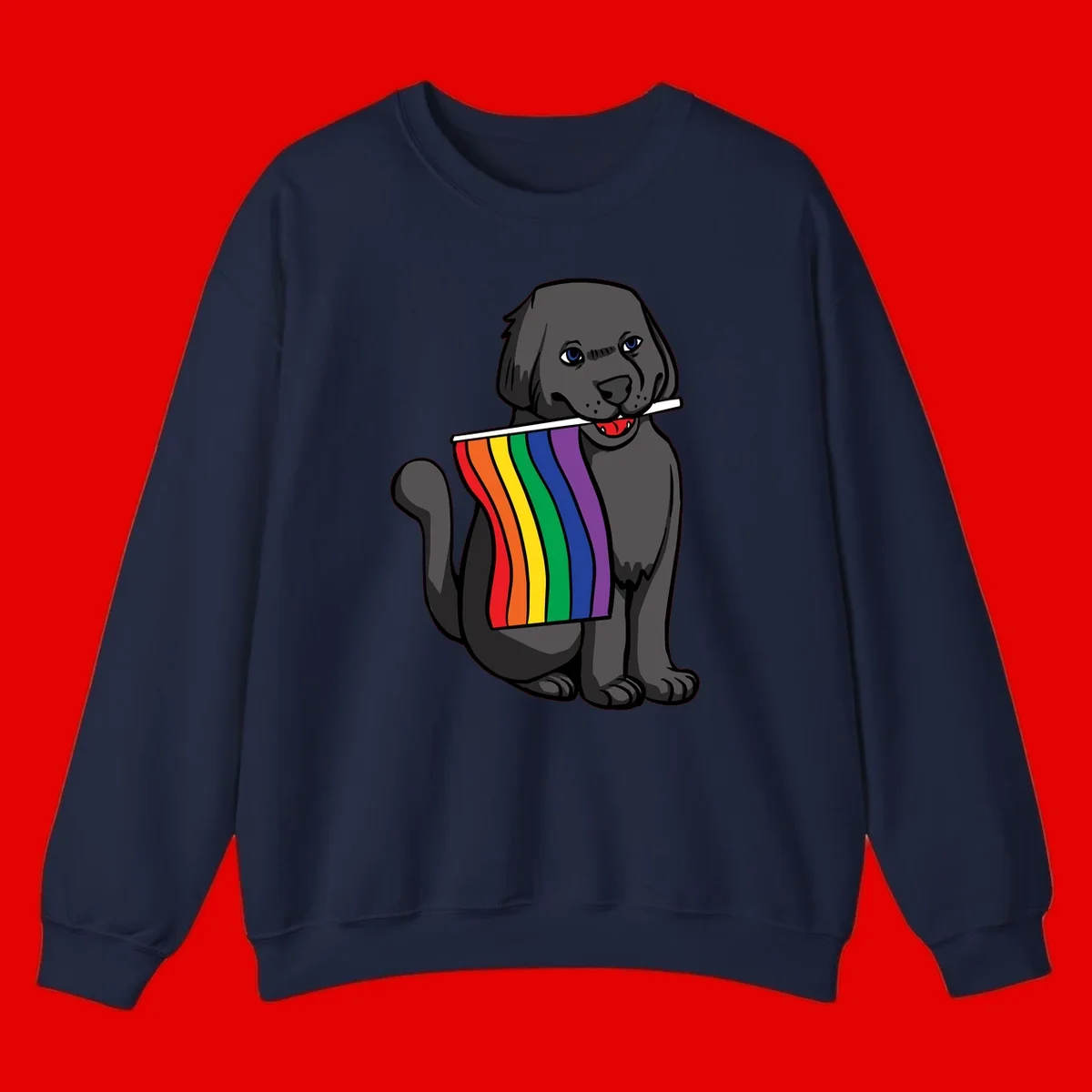 Illustration of a happy gray dog with blue eyes holding a rainbow pride flag in its mouth against a gray background