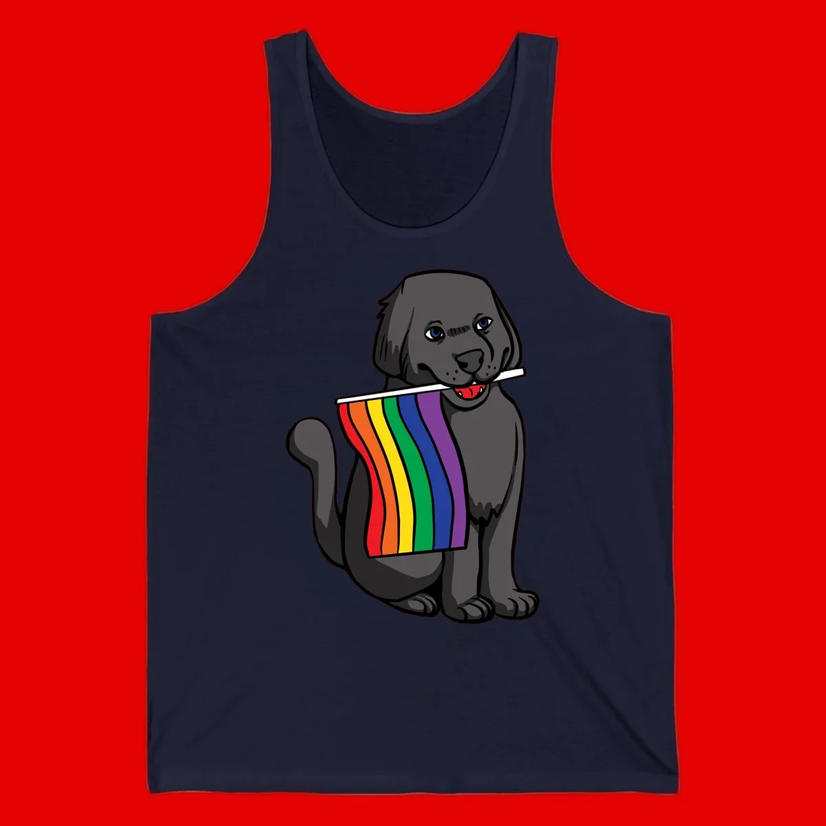 Illustration of a happy gray dog with blue eyes holding a rainbow pride flag in its mouth against a gray background