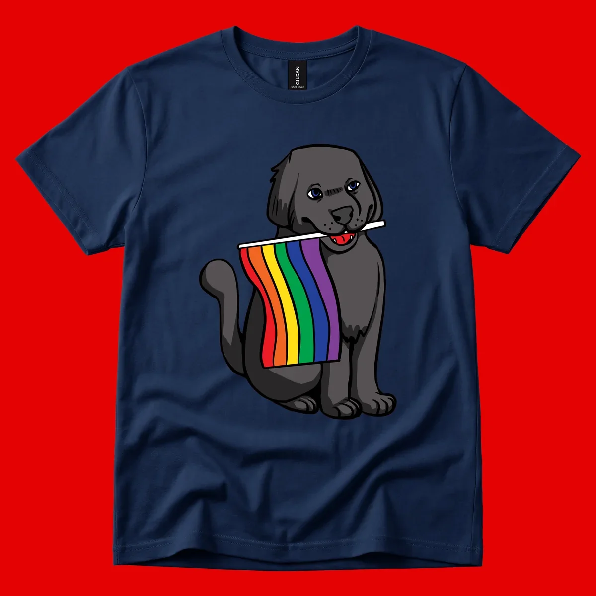 Illustration of a happy gray dog with blue eyes holding a rainbow pride flag in its mouth against a gray background