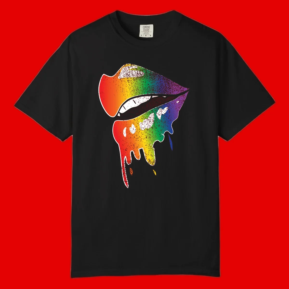 Rainbow-fish-pride-art illustration featuring a colorful fish head with open mouth in full spectrum gradient colors from red to purple with white details