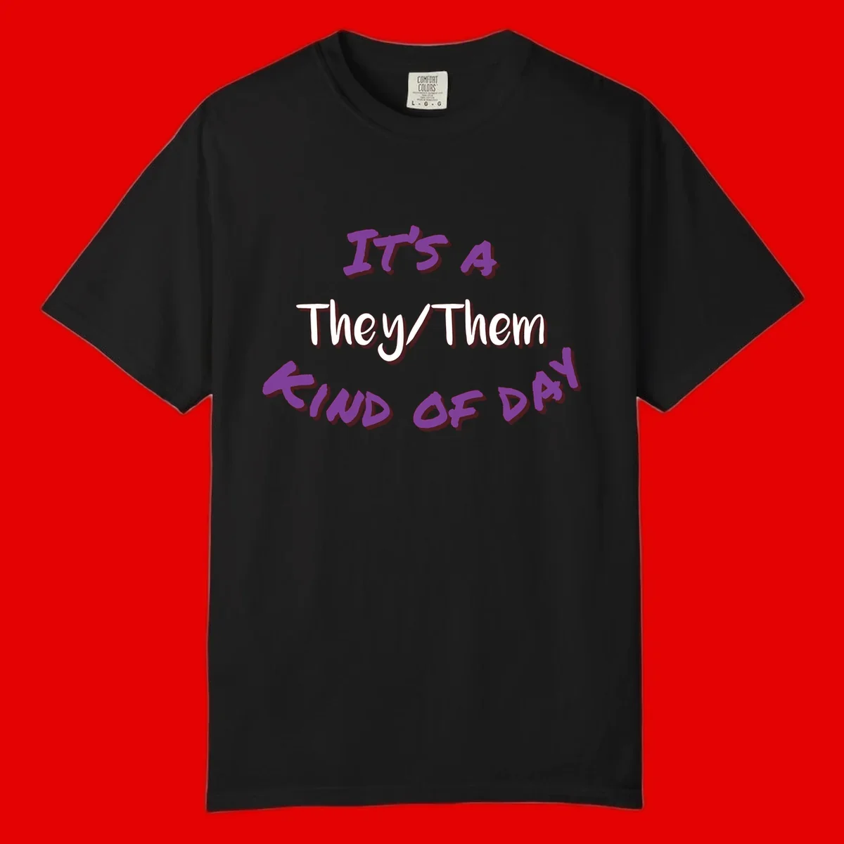 Purple 3D text reading 'IT'S 4 They/Them PROUD OF ME' with shadow effects on gray background