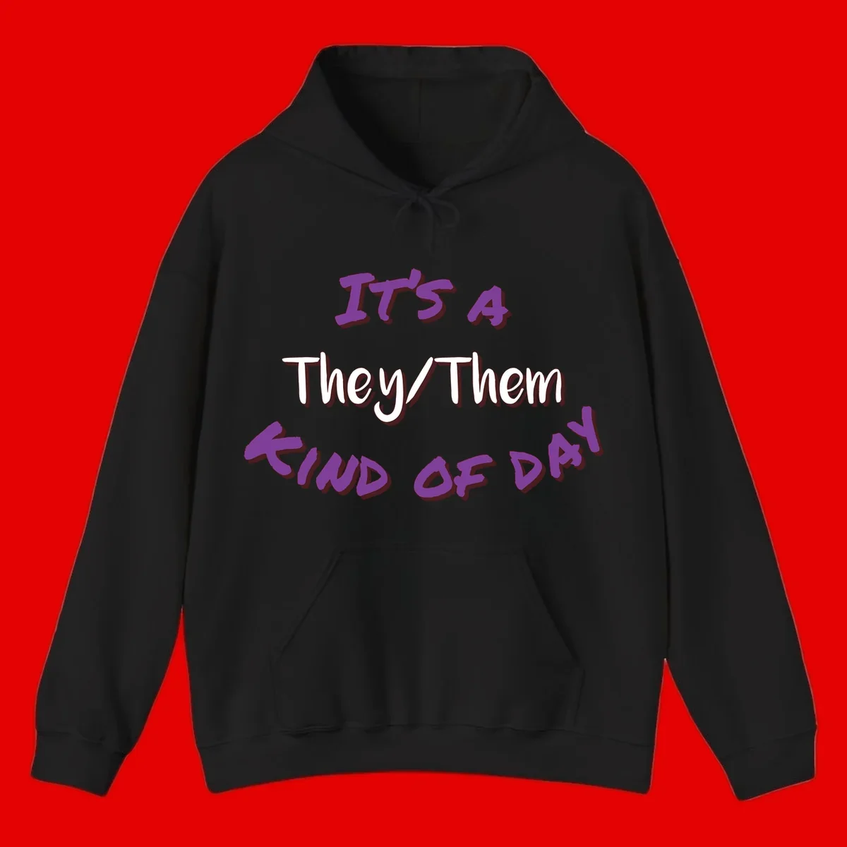 Purple 3D text reading 'IT'S 4 They/Them PROUD OF ME' with shadow effects on gray background