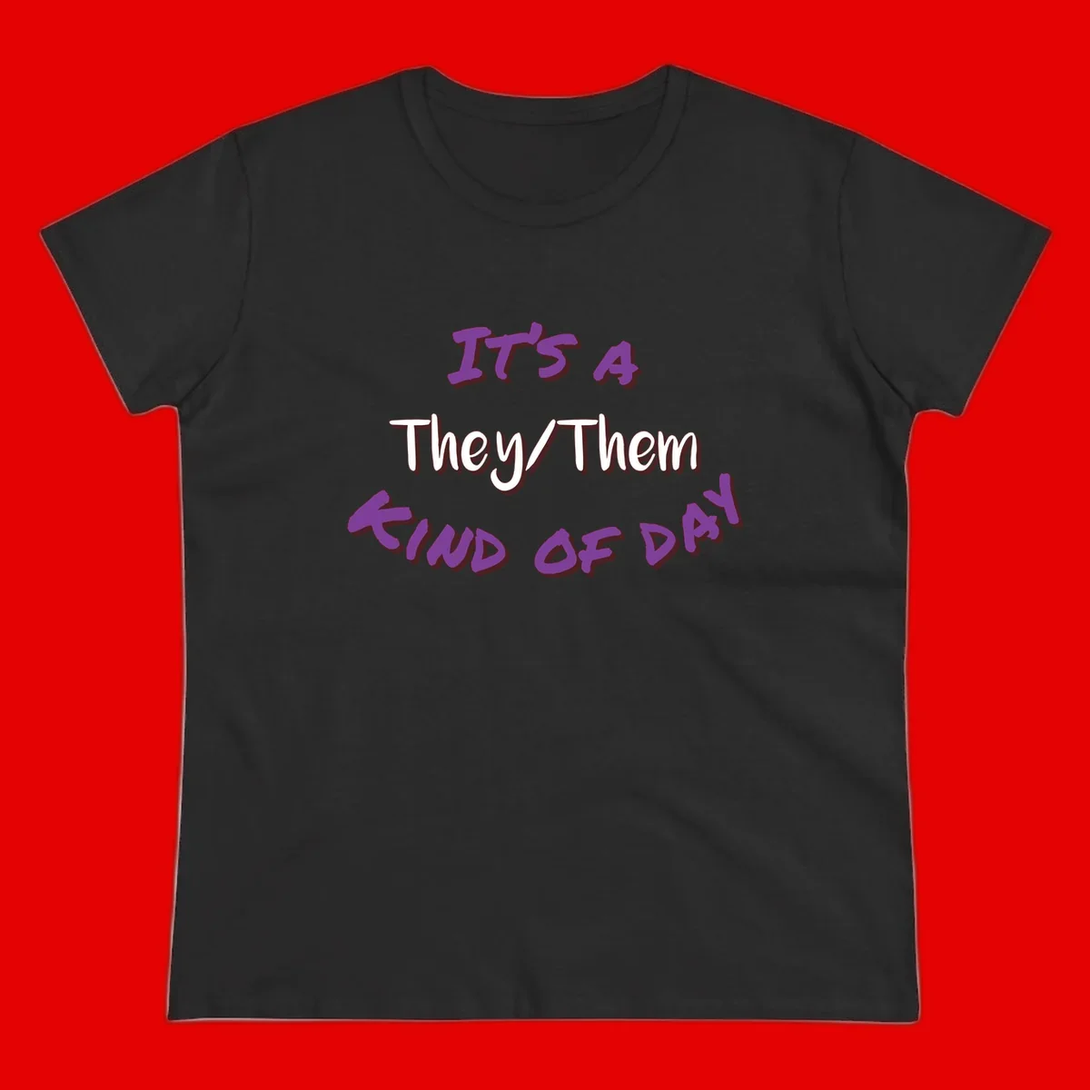 Purple 3D text reading 'IT'S 4 They/Them PROUD OF ME' with shadow effects on gray background