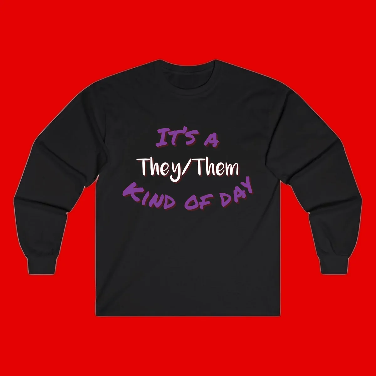 Purple 3D text reading 'IT'S 4 They/Them PROUD OF ME' with shadow effects on gray background