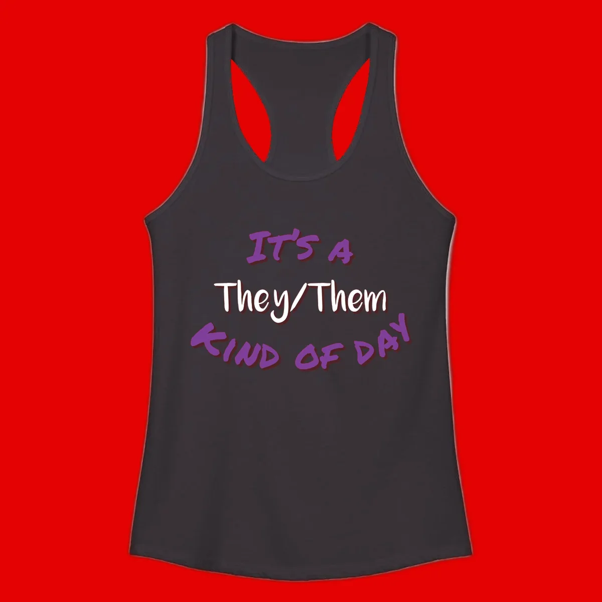 Purple 3D text reading 'IT'S 4 They/Them PROUD OF ME' with shadow effects on gray background
