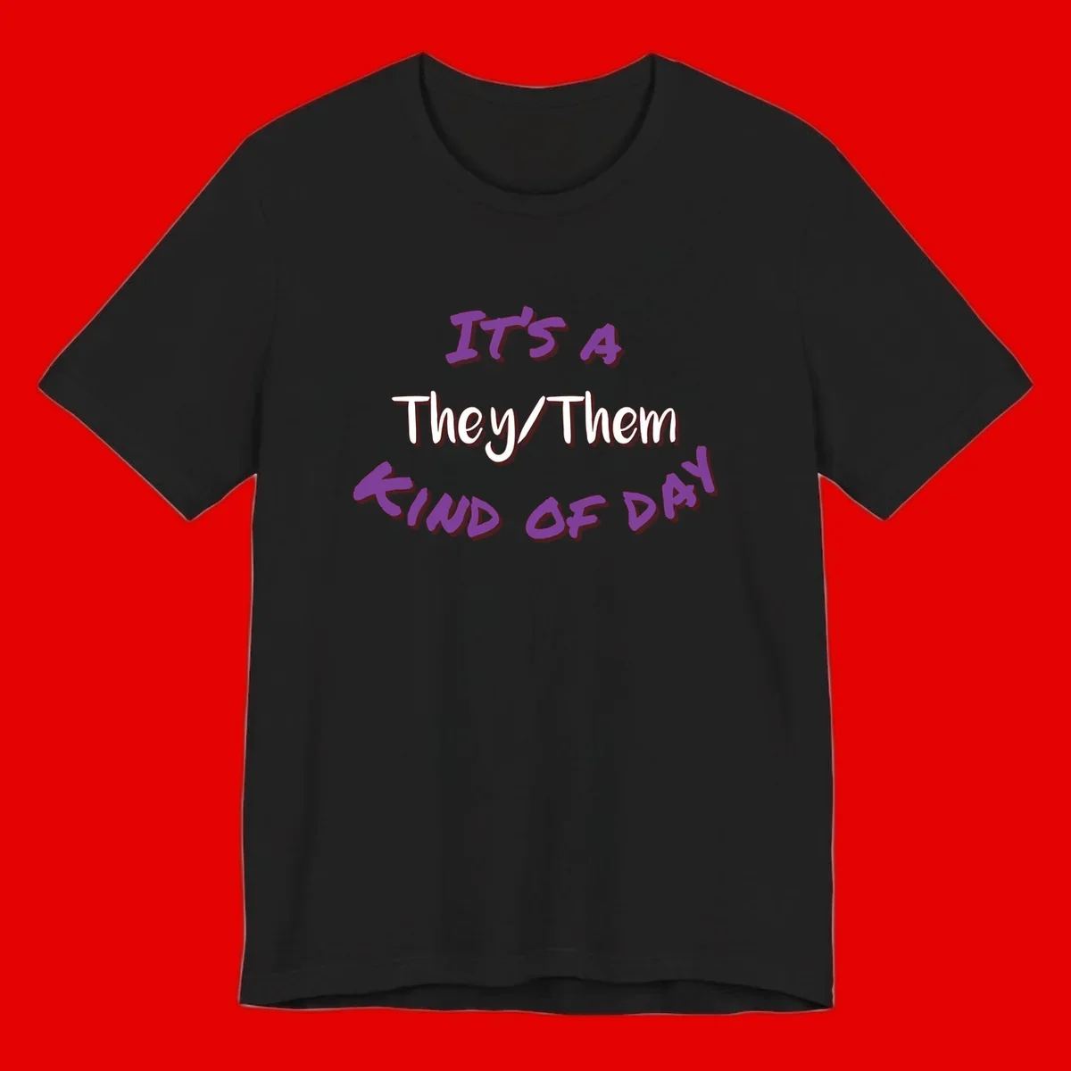 Purple 3D text reading 'IT'S 4 They/Them PROUD OF ME' with shadow effects on gray background
