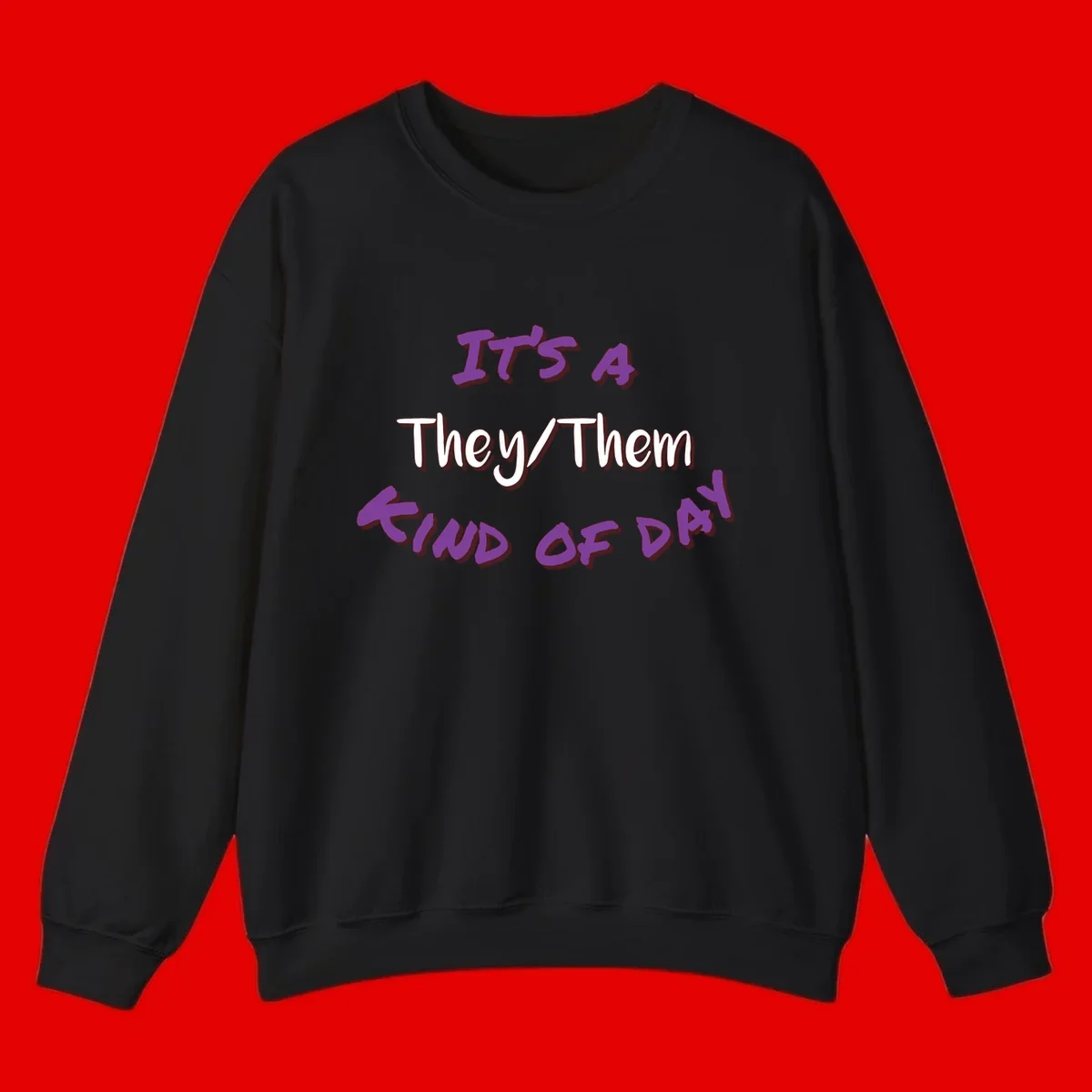 Purple 3D text reading 'IT'S 4 They/Them PROUD OF ME' with shadow effects on gray background